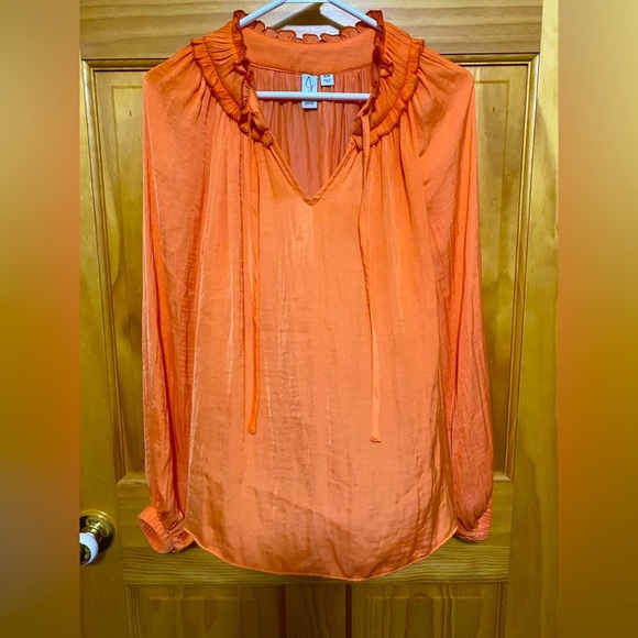 Joie Orange Pheasant Style Long Sleeve Blouse Top, Ruffle at Neck, Size Medium. - Picture 1 of 9
